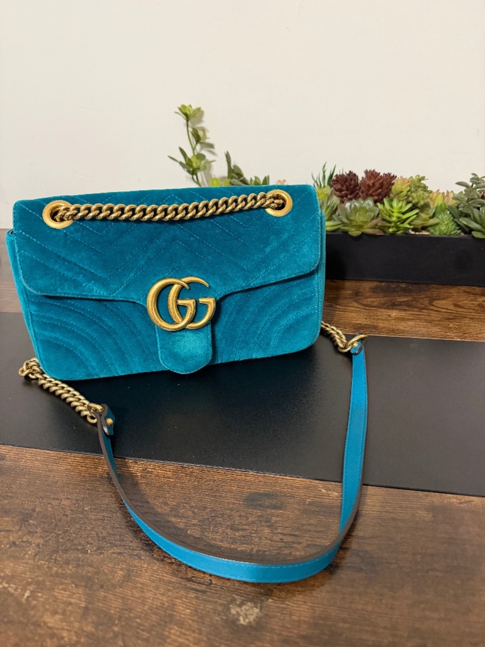 Gucci GG Marmont Medium Shoulder Bag in Teal Velvet (w/ COA)